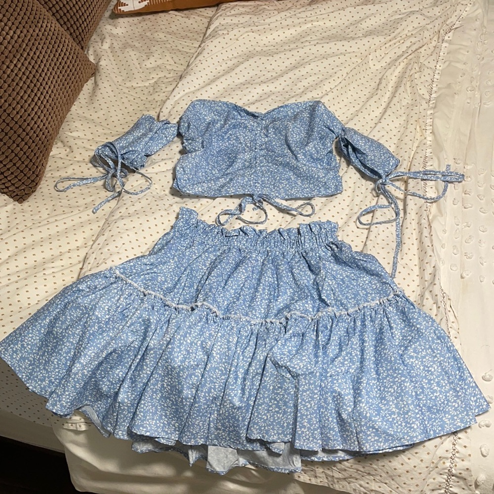 light blue two piece skirt and cropped top